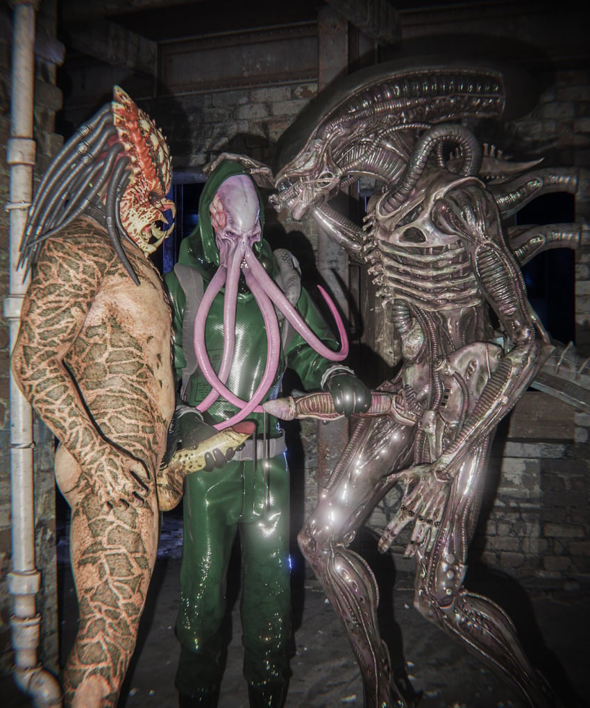 3boys 3d alien alien_(franchise) alien_vs_predator bodily_fluids cephalopod clothing crossover digital_media_(artwork) dungeons_and_dragons erection gay genital_fluids genitals gloves group handjob handwear hasbro hi_res humanoid humanoid_genitalia latex_gloves male male/male male_only male_xenomorph marine mind_flayer mollusk no_humans nude penile penis precum precum_string predator_(franchise) predator_hunting_grounds ralic_turman rubber rubber_clothing rubber_suit sex tentacle unusual_penis video_games wizards_of_the_coast xenomorph yautja