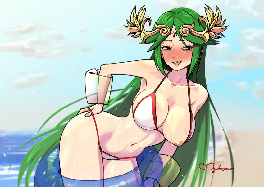 1girls beach bent_over bikini blush breasts exposed_breasts green_eyes green_hair hand_on_hip hi_res kid_icarus kid_icarus_uprising nintendo nip_slip nipples one_breast_out palutena smile solo sweat swimsuit