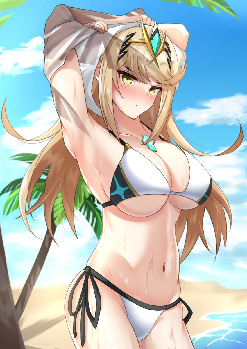 1girls beach bikini bikini_bottom bikini_top blonde blonde_hair breasts clouds core_crystal ega-chan egatyan1410 female female_focus female_only large_breasts long_hair looking_at_viewer midriff mythra navel nintendo ocean outside palm_tree shirt side-tie_bikini side-tie_swimsuit sky solo swimsuit tiara trees undressing water wet white_bikini white_shirt white_swimsuit xenoblade_(series) xenoblade_chronicles_2 yellow_eyes