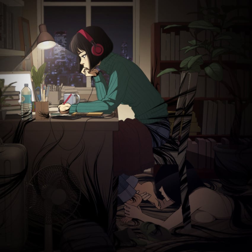 2girls barefoot black_hair clothed_female clothed_female_nude_female desk feet foot_fetish foot_lick foot_licking headphones kidetic kusujinn laying_down laying_on_ground laying_on_stomach licking_feet licking_foot lo-fi_beats_to_relax/study_to lofi_girl multiple_girls naked naked_female night on_the_floor sucking_toes the_ring under_desk writing yamamura_sadako