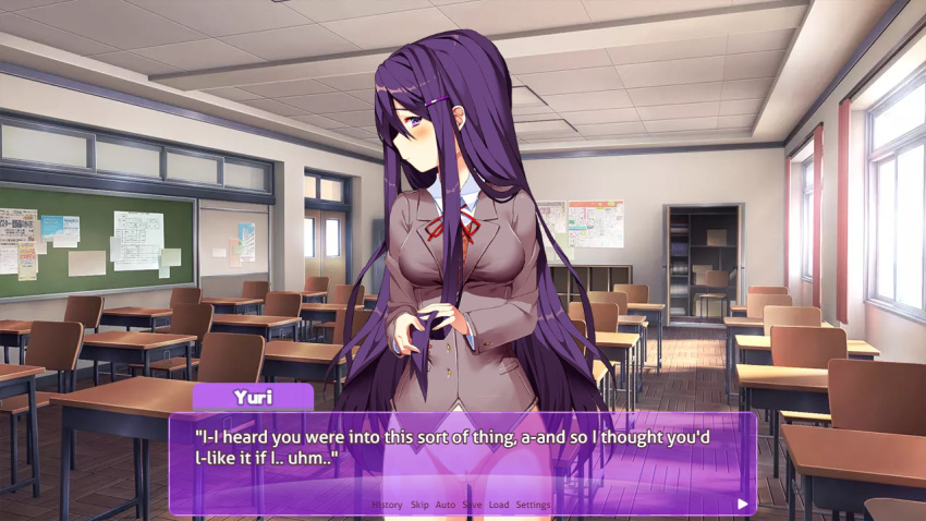 1girls blush bottomless classroom curtain curtains desk desks doki_doki_literature_club no_panties no_pubic_hair no_skirt panel purple_eyes purple_hair purple_text_box shy talking_to_viewer text text_box uniform window yuri_(doki_doki_literature_club)