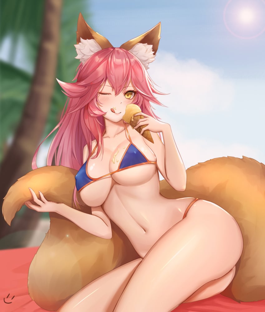 1girls 2d animal_ears bikini blue_bikini blue_sky blurry blurry_background blush breasts cleavage collarbone covered_erect_nipples day fate/grand_order fate_(series) female female_only food fox_ears fox_tail highres holding holding_food ice_cream ice_cream_cone large_breasts light-skinned_female light_skin long_hair looking_at_viewer navel one_eye_closed pale-skinned_female pale_skin palm_tree pink_hair side-tie_bikini sky smile solo stomach sunlight swimsuit tail tamamo_no_mae_(fate) tamamo_no_mae_(swimsuit_lancer) thighs tree watermark wei_xiao yellow_eyes