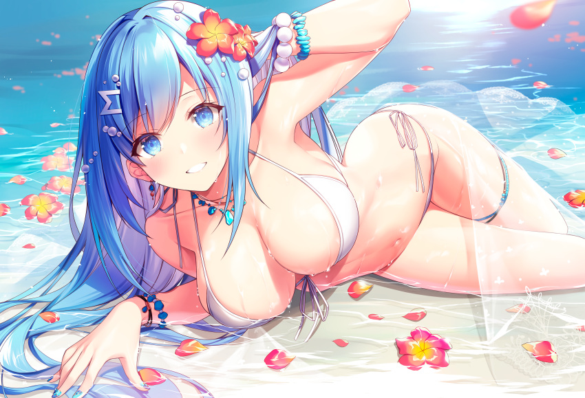 absurdres anklet arm_up armpits bare_shoulders bead_bracelet beads bikini blue_eyes blue_hair bracelet breasts caustics cleavage collarbone emori_miku emori_miku_project female flower front-tie_bikini front-tie_top grin hair_flower hair_ornament halter_top halterneck hibiscus highres jewelry kagachi_saku large_breasts long_hair looking_at_viewer lying nail_polish navel petals red_flower sarong side-tie_bikini smile solo stomach string_bikini swimsuit thighs water wet white_bikini