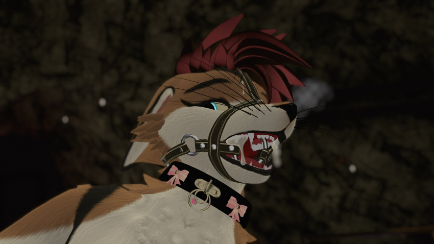 anthro anthro_only blue_eyes collar cum cum_drip cum_in_mouth fur furry furry_only lanceowo male male_only muzzle_(object) muzzled rexouium scared_expression solo tagme twitter url vr_media vrchat