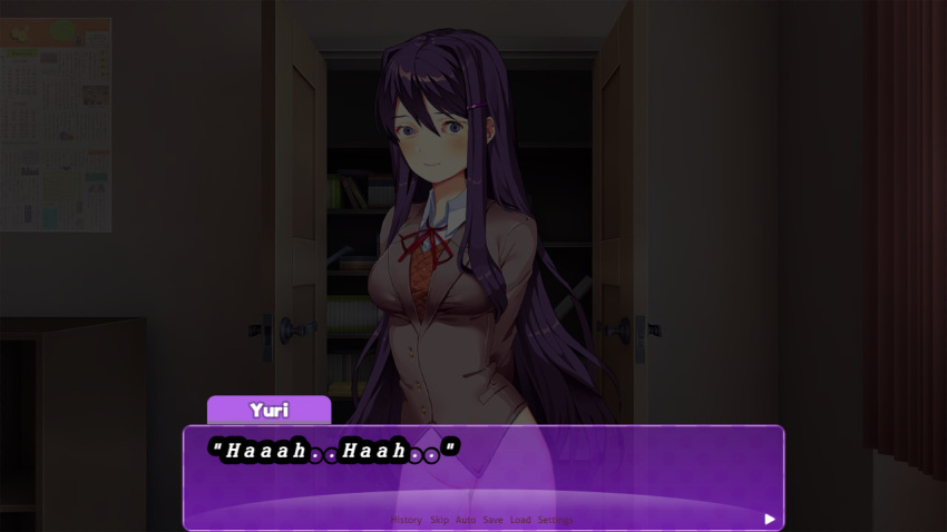 black_text bottomless closet creepy creepy_eyes cum cumming curtains dark_room doki_doki_literature_club door no_panties no_skirt panel purple_eyes purple_hair red_curtains scary smiling smiling_at_viewer staring_at_viewer text text_box uniform weird_eyes yuri_(doki_doki_literature_club)