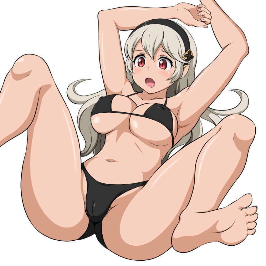 1girls 86-shiki alternate_costume armpits arms_up ass bare_legs barefoot big_ass bikini black_bikini black_swimsuit breasts corrin_(fire_emblem) corrin_(fire_emblem)_(female) covered_nipples female female_only fire_emblem fire_emblem_fates grey_hair hairband large_breasts long_hair nintendo open_mouth partially_visible_vulva rape red_eyes sideboob solo spread_legs swimsuit underboob