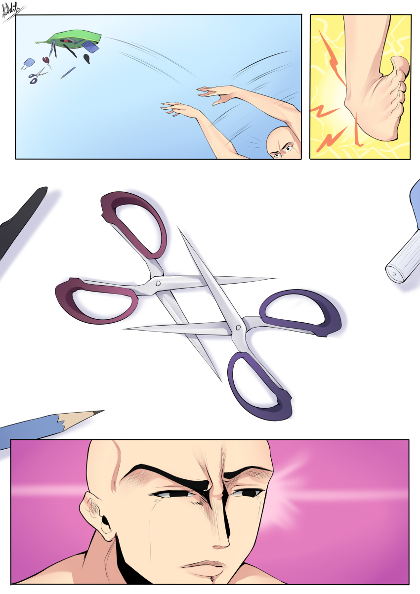 1boy absurd_res absurdres bag bald_guy_(band-width) band-width barefoot black_eyes comic handbag hi_res highres male nail_polish object_focus original pen pencil raised_eyebrow scissors sexually_suggestive tripping