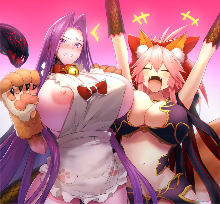 2girls animal_ear_fluff animal_ears apron bangs bare_shoulders bell blush bow breasts bustier claws cleavage clenched_teeth collar collarbone cosplay costume_switch embarrassed fate/extra fate/grand_order fate_(series) female forehead fox_ears fox_girl fox_tail frills gorgon_(fate) gorgon_(fate)_(cosplay) hair_between_eyes hairbow highres huge_breasts jingle_bell large_breasts long_hair looking_at_viewer medusa_(fate) medusa_(rider)_(fate) minami_koyogi monster_girl multiple_girls naked_apron navel neck_bell nipple_slip nipples open_mouth parted_bangs pink_background pink_hair ponytail purple_eyes purple_hair red_bow scales sideboob sidelocks smile snake_hair tail tamamo_cat tamamo_no_mae_(fate) teeth very_long_hair white_apron yellow_eyes