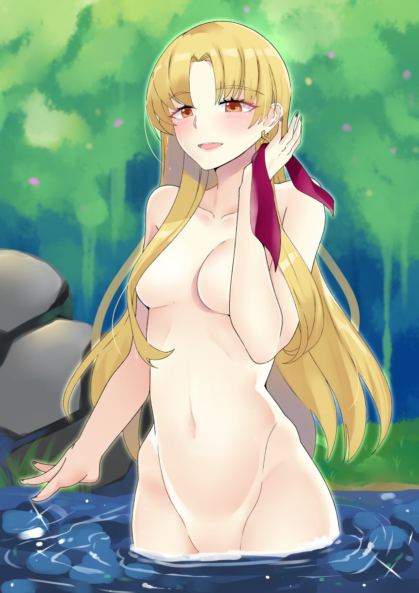 :d absurdres bangs bare_shoulders black_nails blonde_hair blush breasts brown_eyes cleavage completely_nude earrings ereshkigal_(fate) fate/grand_order fate_(series) female groin highres jewelry kuroe_prime long_hair nail_polish navel nude open_mouth outdoors smile solo wading