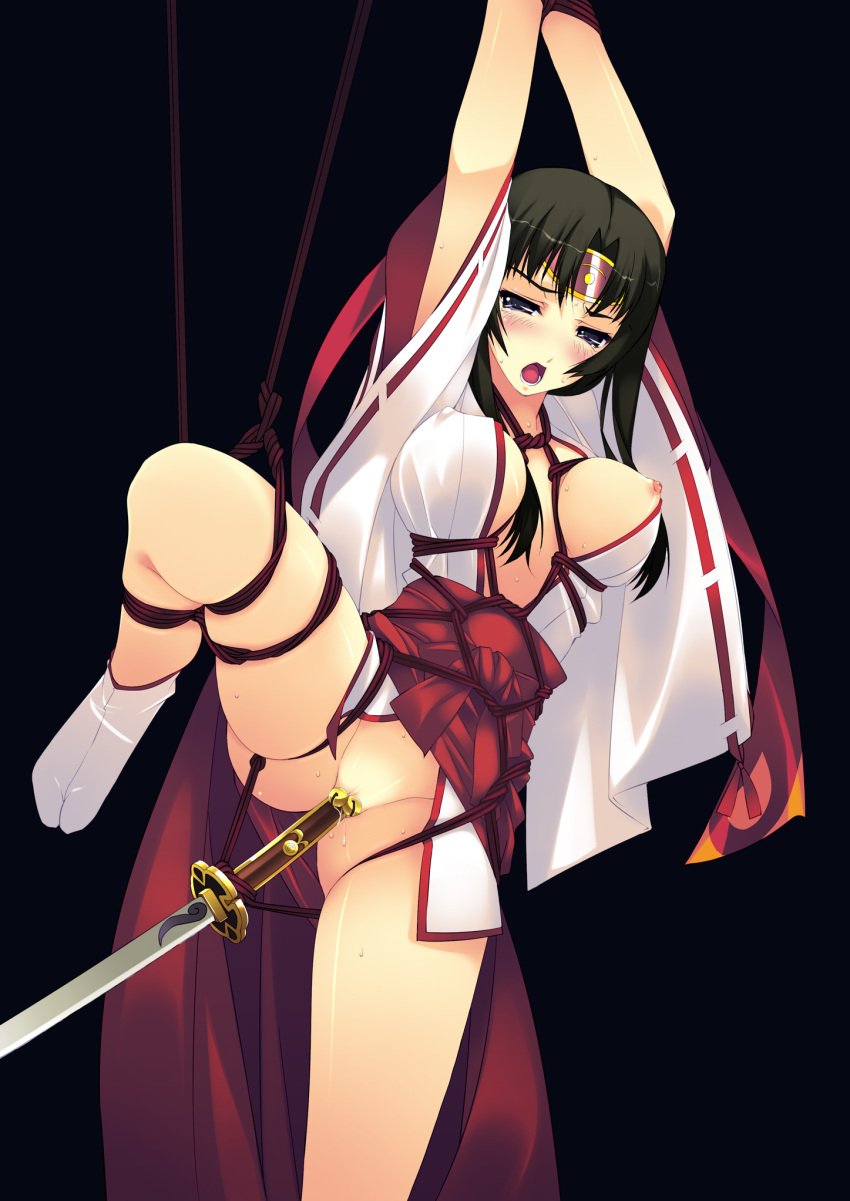 anal anal_insertion anal_object_insertion black_hair blush bondage breasts female_only grey_eyes hakama high_resolution insertion japanese_clothes leg_up maid miko murakami_suigun nipple_slip nipples penetration pussy queen&#039;s_blade rope solo sword sword_in_ass tabi tomoe uncensored weapon