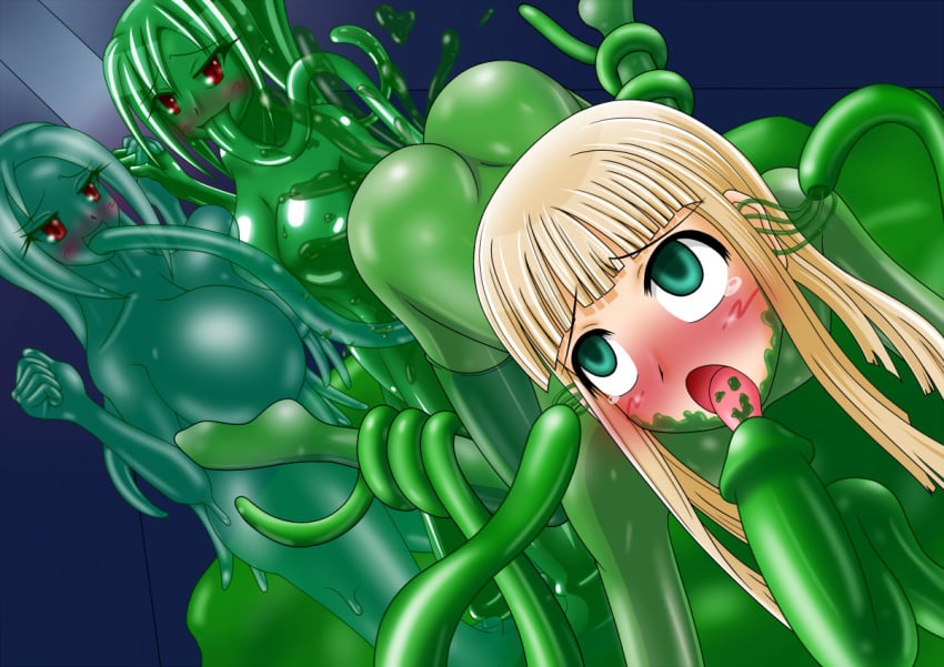 3girls ahe_gao anal artist_request ass blonde_hair blush breasts corruption cum cum_in_ass cum_inside ear_fuck ear_insertion ear_penetration fellatio female fucked_silly goo_girl green_eyes large_breasts long_tongue monster_girl multiple_girls oral raijinway rape red_eyes slime_girl tear tentacle tentacle_in_ear thighhighs tongue transformation yuri