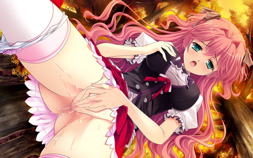 ankoromochi blush bow breast_grab censored female forest game_cg green_eyes ichijouji_yura long_hair masturbation panties pink_hair pussy_juice seifuku shitsuji_ga_aruji_wo_erabu_toki skirt thighhighs tree underwear