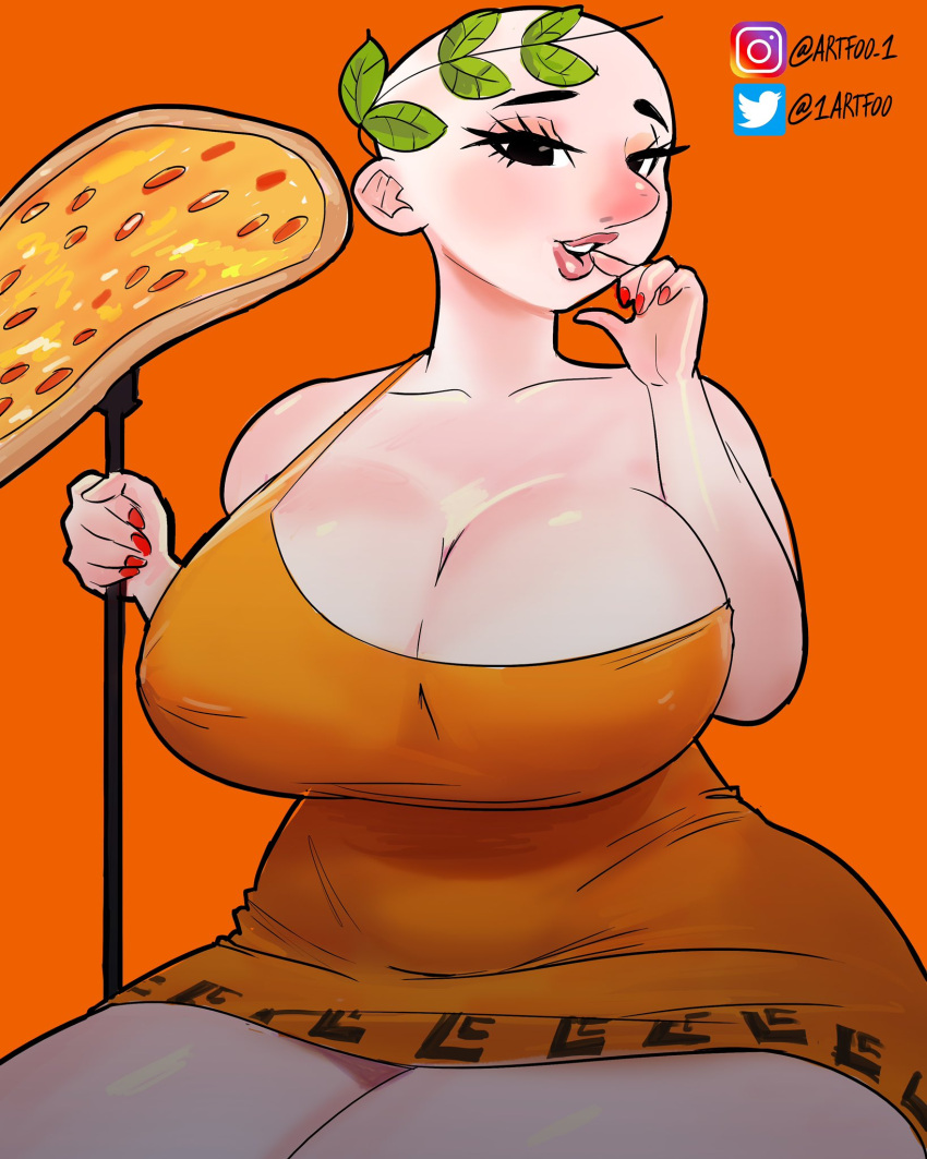 1girls artfoo_1 bald bald_female big_breasts boobs cleavage female_only huge_breasts large_breasts light-skinned_female light_skin lipstick little_caesar little_caesars mascot orange_dress painted_nails partially_clothed pizza red_nose rule_63 spear thick_thighs tits voluptuous