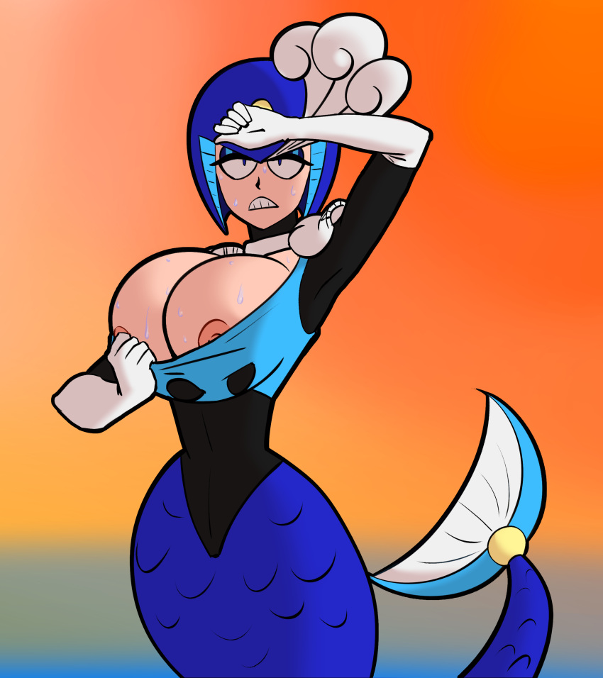 arty_renegate big_breasts blue_eyes breasts clothing exposed_breasts exposed_nipples eyelashes female female_only gloves hand_on_head hourglass_figure mega_man mega_man(classic) mermaid mermaid_tail nipple_slip nipples outside removing_clothing robot robot_girl rockman slim_waist solo splash_woman stretched_clothing sweat sweatdrop undressing