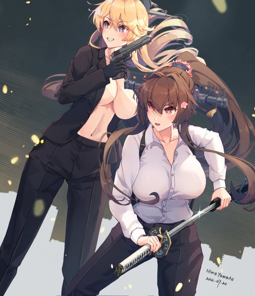 2girls black_jacket black_pants blonde_hair blue_eyes breasts brown_hair cherry_blossoms collared_shirt dutch_angle flower gun hair_flower hair_ornament handgun headgear highres himeyamato holding holding_gun holding_sword holding_weapon iowa_(kantai_collection) jacket kantai_collection large_breasts m1911 multiple_girls navel night night_sky no_bra open_clothes pants ponytail red_eyes shirt sky star-shaped_pupils star_(symbol) sword symbol-shaped_pupils urban weapon yamato_(kantai_collection)