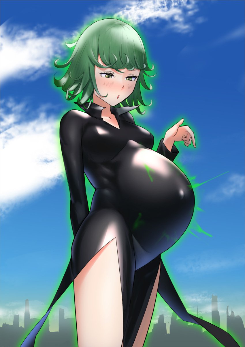 1girls belly belly_button big_belly blush breasts female female_only green_hair inonice01 navel nipple_bulge one-punch_man outie outie_navel pregnant skintight solo_female tatsumaki