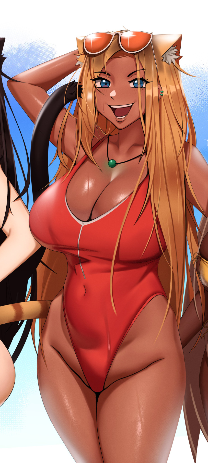 1girls 2022 blonde_hair blue_eyes breasts cat_ears catgirl cleavage dark-skinned_female dark_skin female female_only gyaru gyaru_catgirl_(kevbot) highleg_swimsuit hips huge_breasts kevbot one-piece_swimsuit original original_character slim_waist swimsuit thick_thighs thighs wide_hips