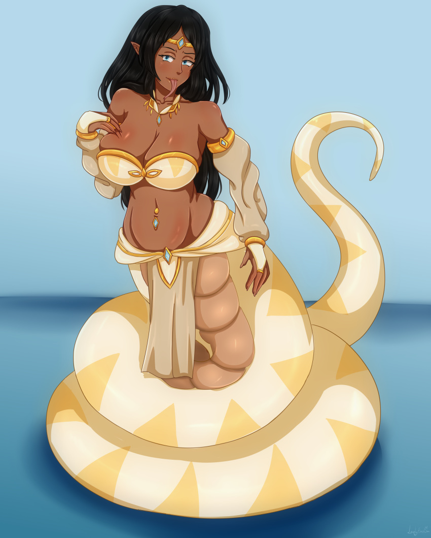 belly_dancer belly_dancer_outfit blue_eyes cleavage dark-skinned_female draconcopode huge_breasts jemisha_(violet_scales) lady_endsm lamia legless loincloth monster_girl navel_piercing original original_character pointy_ears snake_girl snake_tongue thick_naga_hips thick_thighs voluptuous wide_hips