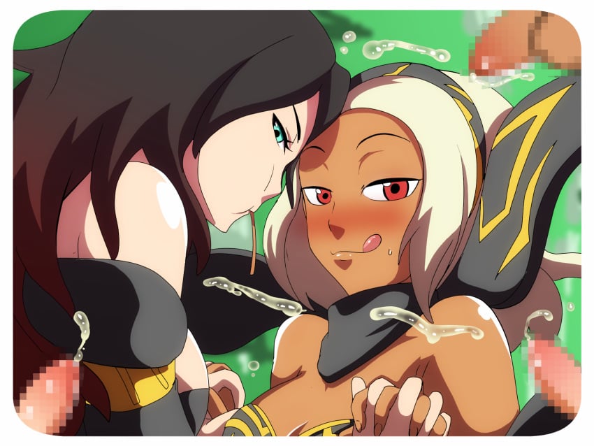 after_oral black_hair blonde_hair cum floating gravity_rush imminent_oral kat_(gravity_rush) licking_lips mei1988 multiple_penises oral penis raven_(gravity_rush) tanned tanned_female tanned_skin tongue unseen_male_face