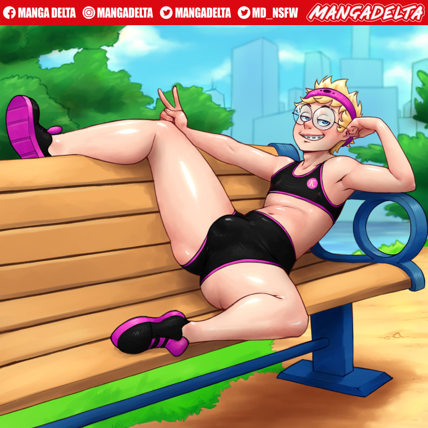 background blonde_hair braces bulge bulge_through_clothing clothed femboy lilkay male male_only mangadelta park_bench peace_sign solo solo_male spread_legs