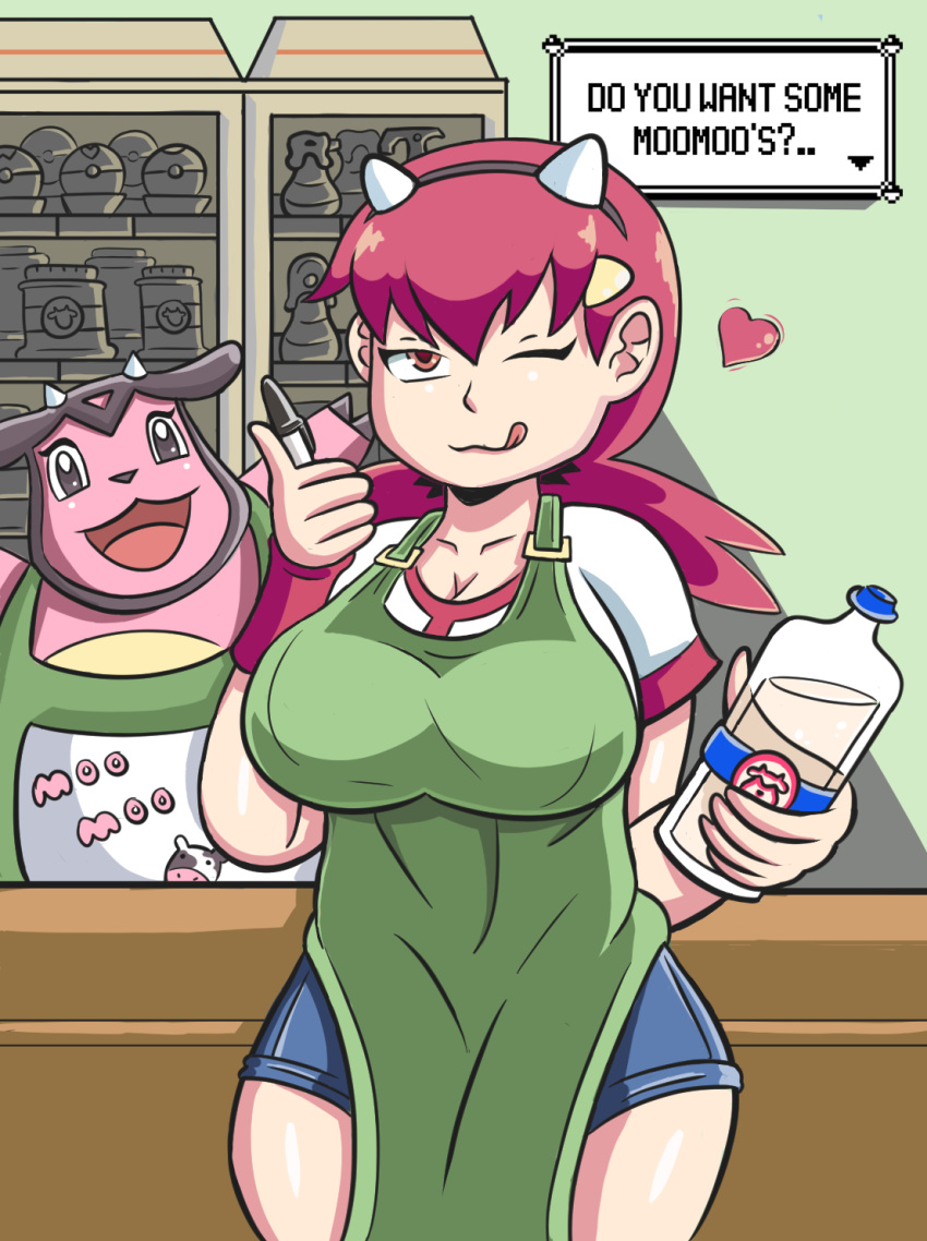 apron big_breasts gym_leader huge_breasts iced_latte_with_breast_milk large_breasts miltank moomoo_milk nsfwander_(artist) open_mouth pokegirl pokemon teen tongue_out whitney whitney_(pokemon) wink