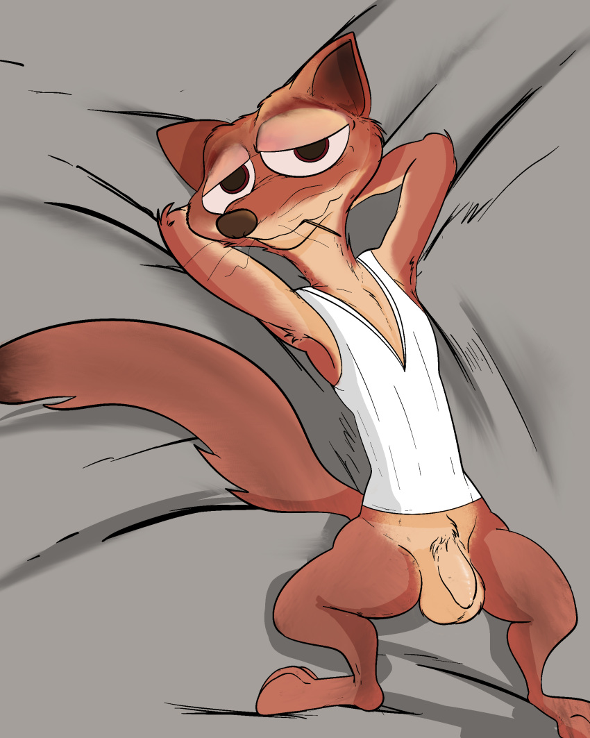 absurd_res anthro bottomless clothed clothing disney duke_weaselton flaccid genitals hands_behind_head hi_res illegaleel male mammal mustela mustelid musteline penis pubes pubic_hair shirt solo toothpick topwear true_musteline undershirt zootopia