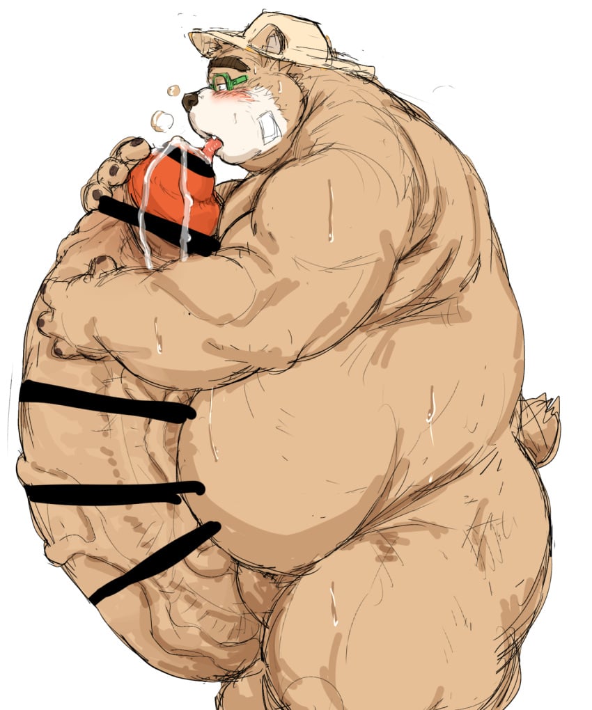 anthro balls belly big_balls big_penis blush bodily_fluids brown_body brown_fur clothing cum eyewear fur genital_fluids genitals glasses hat headgear headwear hi_res huge_balls huge_cock hyper hyper_balls hyper_genitalia hyper_penis kotobuki licking lifewonders male male_focus male_only mammal oral overweight penile penis penis_lick sex solo straw_hat tokyo_afterschool_summoners tongue tongue_out ursid video_games volos