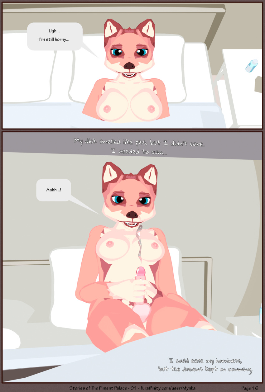 3d_(artwork) anthro balls bed bedroom bodily_fluids breasts canine clothing comic cum cum_on_hand cum_on_self dialogue digital_media_(artwork) ejaculation english_text erection fox furniture futanari genital_fluids genitals gynomorph hi_res humanoid_genitalia humanoid_penis intersex lingerie looking_at_genitalia looking_at_own_penis looking_at_penis looking_at_self mammal masturbation mynka nipples nude on_bed orgasm orgasm_face peeing penile penile_masturbation penis pubes raelynn_(mynka) solo speech_bubble text under_covers urine waking_up