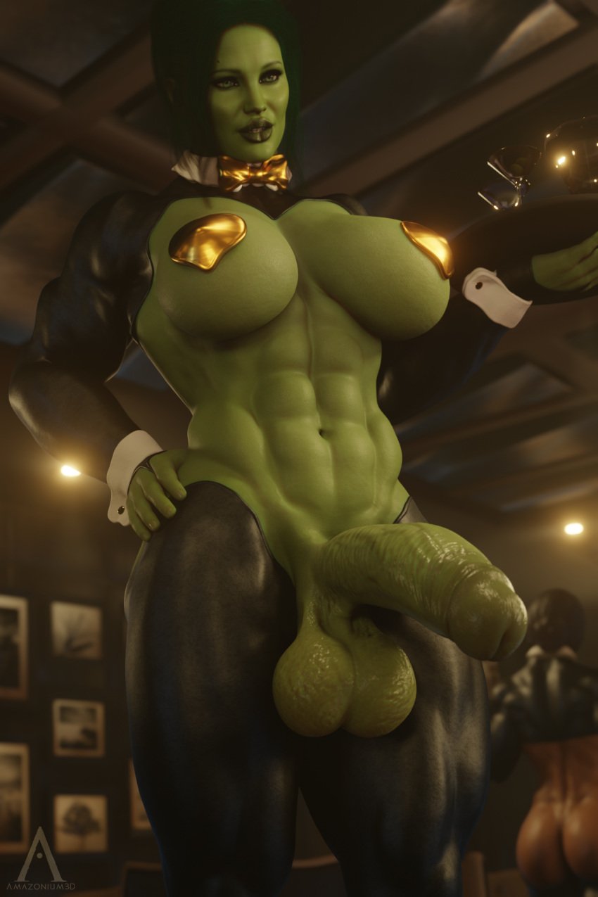 3d abs amazonium ass bar bar_maid big_balls big_penis bowtie bowtie_collar breasts crossover dc dc_comics diana_prince drinks futa_focus futa_only futa_sans_pussy futanari green-skinned_futanari green_hair green_skin hulk_(series) injustice_2 marvel muscular muscular_futanari olive_skin pasties penis reverse_bunnysuit she-hulk tray wonder_woman wonder_woman_(series)