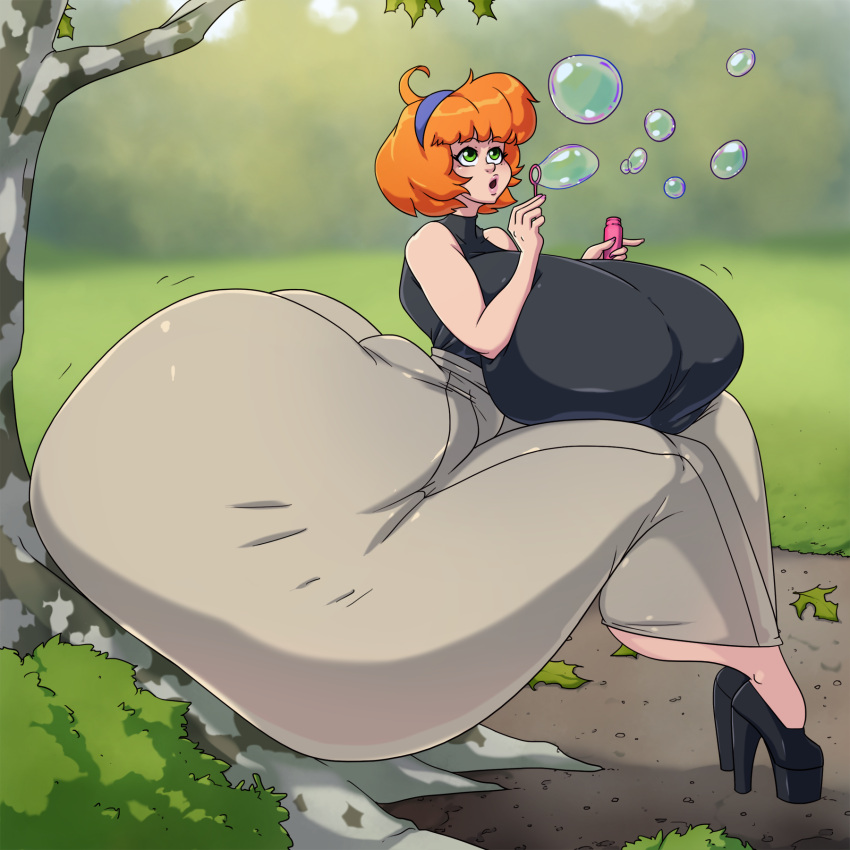 bbw blowing_bubbles gigantic_ass high_heels huge_breasts hyper hyper_ass maddison_(spiralingstaircase) red_hair sitting spiralingstaircase thick_ass thick_thighs tight_pants voluptuous