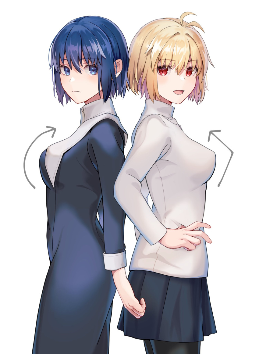 2girls ahoge arcueid_brunestud blonde_hair blue_eyes blue_hair bob_cut ciel ciel_(tsukihime) female female_only frown fully_clothed ktyksb looking_at_viewer melty_blood nun nun_outfit pleated_skirt profile red_eyes short_hair sideboob smile tsukihime turtleneck type-moon