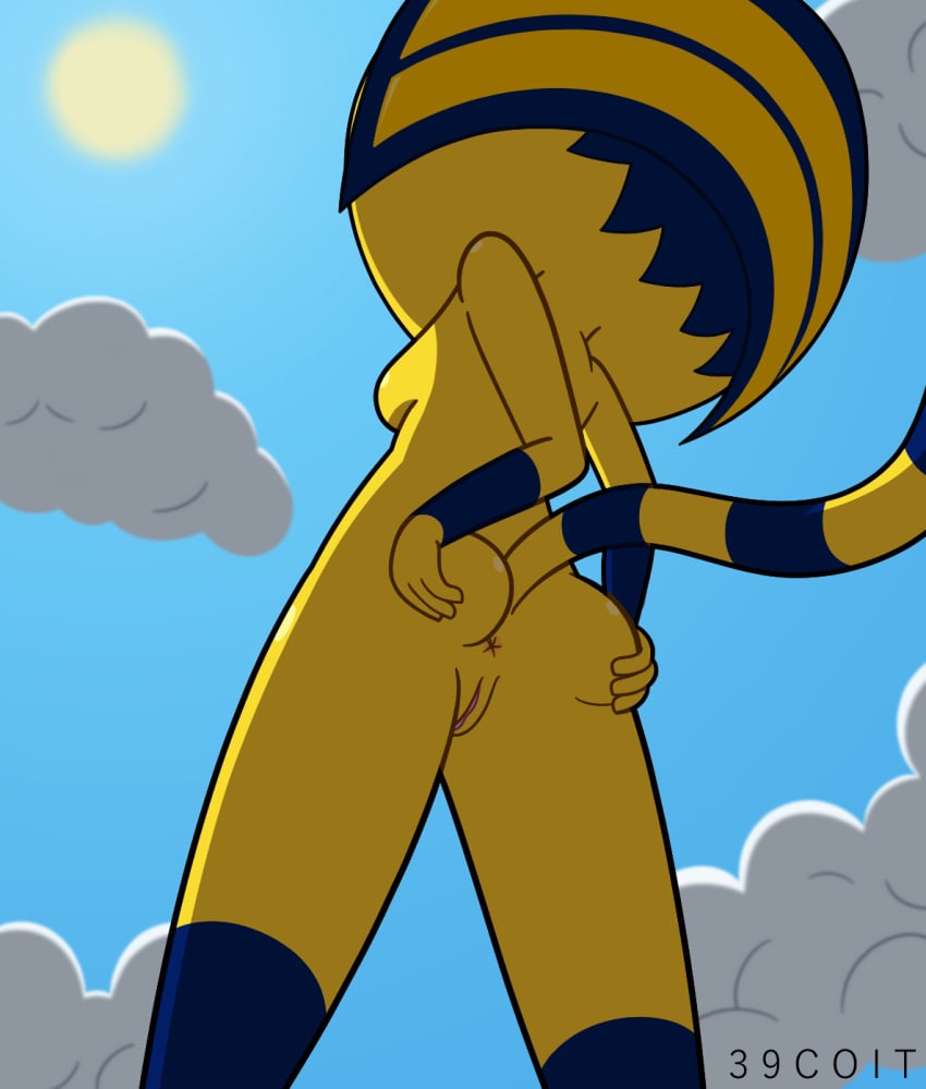 39coit animal_crossing ankha ankha_(animal_crossing) anthro anus ass blue_body blue_fur blue_hair breasts cloud felid female fur genitals hair headdress hi_res mammal markings nintendo pussy side_boob sky solo spreading sun tail_markings video_games yellow_body yellow_fur