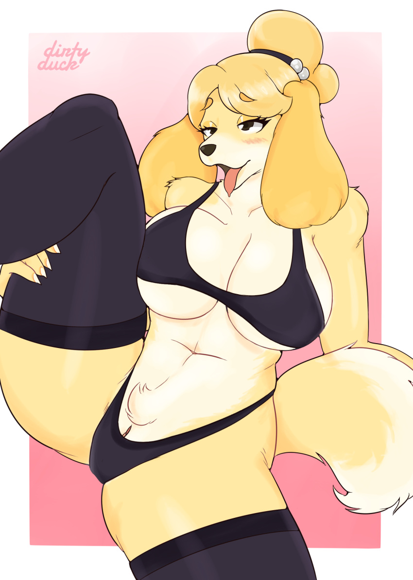 2022 ahe_gao animal_crossing anthro big_breasts breasts canid canine canis cleavage clothed clothing dirtyduckart domestic_dog female footwear fur furry furry_only hi_res isabelle_(animal_crossing) looking_pleasured mammal nintendo pussy pussy_peek socks solo tail tongue tongue_out video_games