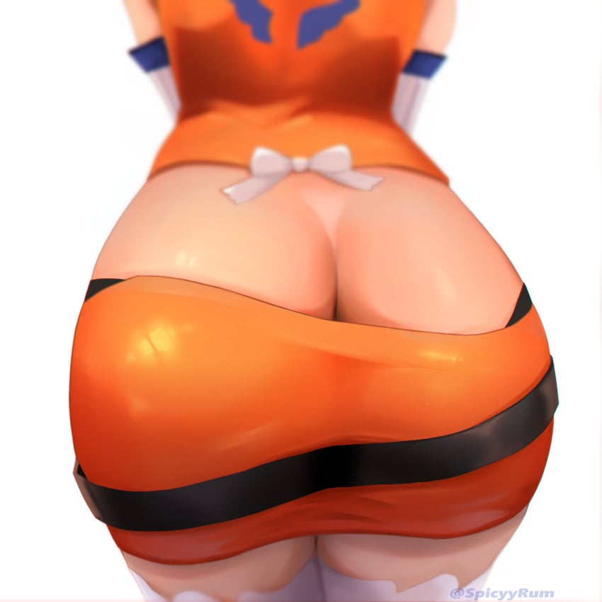 absurdres ass ass_cleavage ass_focus belt black_belt black_panties bow butt_crack close-up crop_top detached_sleeves female from_behind highleg highleg_panties highres hololive hololive_english hololive_myth lower_body lowleg lowleg_panties lowleg_skirt midriff miniskirt orange_shirt orange_skirt panties shirt skirt solo spicyyrum takanashi_kiara thighhighs twitter_username underwear virtual_youtuber white_bow white_sleeves white_thighhighs zettai_ryouiki