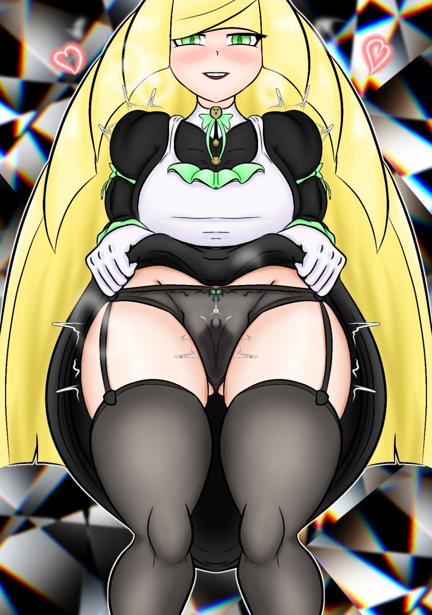 blonde_hair eldelascajas excited garter_straps green_eyes heart lingerie looking_at_viewer lusamine_(pokemon) maid maid_uniform nintendo panties pokemon pokemon_sm sole_female thick_thighs thighhighs wet