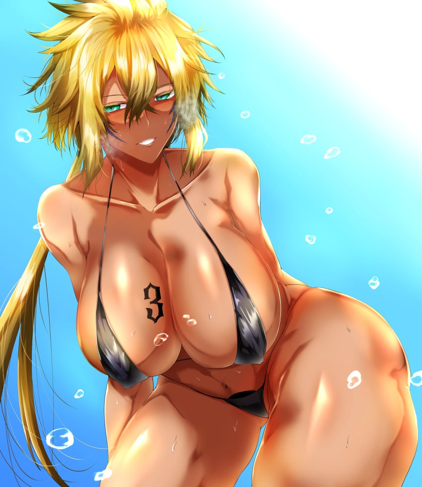 1girls arrancar bare_arms bare_chest bare_legs bare_midriff bare_shoulders bare_thighs big_breasts bikini bleach blonde_female blush body_markings boobs breast_tattoo breasts breasts_bigger_than_head brown_skin bust busty dark-skinned_female dark_skin espada facepaint facial_markings female female_only green_eyes hourglass_figure huge_breasts large_breasts looking_at_viewer midriff number number_tattoo oppai shiny shiny_hair shiny_skin short_hair_with_long_locks smile solo solo_female solo_focus swimsuit tattoo tgxx3300 thick_thighs tia_harribel tits twin_braids unmasked voluptuous wide_hips yellow_hair