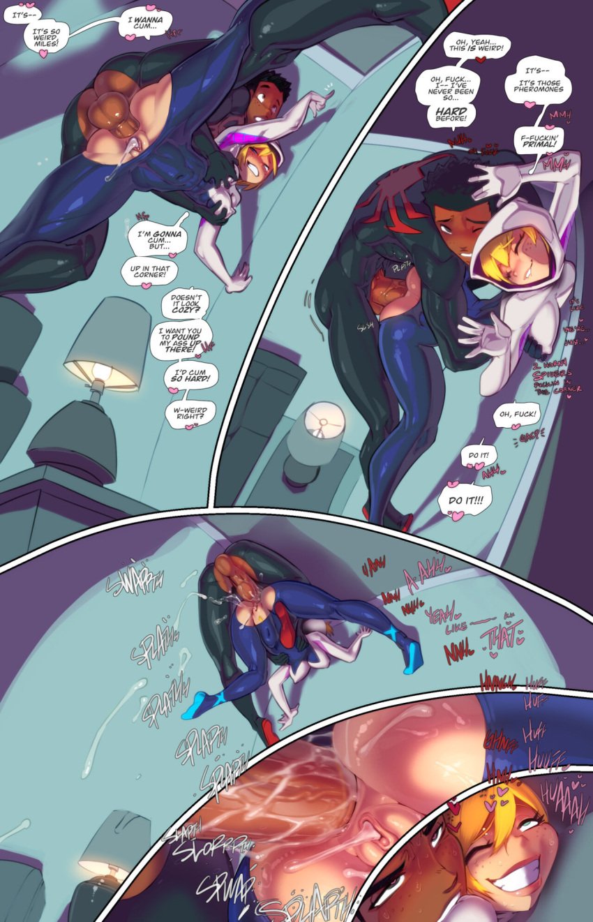 anal_grip anal_sex black_male breasts comic comic_page dark-skinned_male dark_skin fred_perry gwen_stacy interracial marvel marvel_comics miles_morales page_9 power_sex sex spider-gwen spider-man_(series) stomach_bulge straight tagme text