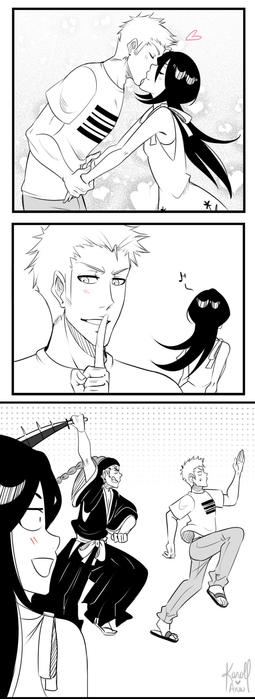 1girls 2boys abarai_renji after_sex angry black_and_white bleach chasing cheating cheating_husband cheating_wife comic cuckold dangerousbride dialogue english_text farewell height_difference holding_object holding_weapon husband_and_wife ichigo_kurosaki karoll_ann kissing kuchiki_rukia kurosaki_ichigo multiple_boys netorare ntr petite petite_body renji_abarai running shushing size_difference smaller_female speech_bubble story sword tall_image taller_male text text_bubble weapon