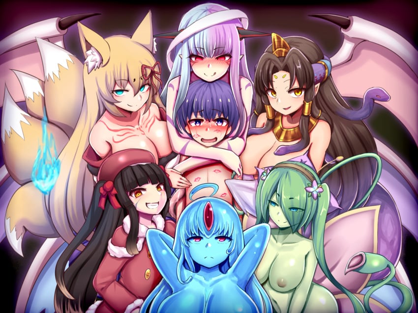 1boy 6+girls 6girls aged_up alraune animal_ears animal_tail aqua_eyes armpits big_breasts black_hair blonde_hair blue_eyes blue_hair blue_skin blue_slime blush breasts brown_hair cleavage colored_skin commission dark_blue_hair demon_girl demon_wings eyebrows_visible_through_hair eyes_visible_through_hair first_porn_of_character flower fox_ears fox_girl fox_tail gold gorgon green_hair green_skin grey_hair grin hair_tubes hairband half-closed_eyes harem hetero highres hiruko_(mon-musu_quest!) horns japanese_clothes kanade_(mon-musu_quest!) kanon_(mon-musu_quest!) kimono kitsune large_breasts licking_lips lipstick lipstick_mark long_hair looking_at_viewer luka_(mon-musu_quest!) minagi_(mon-musu_quest!) monster monster_girl monster_girl_quest multicolored_hair multiple_girls multiple_tails nipples nude nude_female nude_male open_mouth plant_girl purple_hair raichi_(ddq0246) red_eyes saja_(mon-musu_quest!) scylla skeb_commission slime slime_girl slime_hair slime_monster smile snake snake_hair split_mouth succubus tail tamamo_(monster_girl_quest) tongue tongue_out wavy_mouth winged_serpent wings yellow_eyes