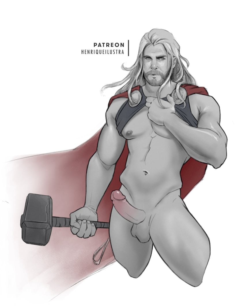 1boy actor black_and_white boner cape_only celebrity chris_hemsworth erect_penis erection hammer hard_on henriqueilustra human human_only light-skinned_male light_skin long_hair long_hair_male male male_only marvel marvel_cinematic_universe mjolnir muscular muscular_male solo solo_focus solo_male thor_(marvel) thor_(series) uncolored