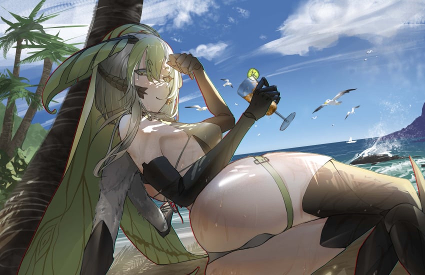 1girls arthropod artist_request ass beach bikini butt clothed clothing drink elbow_gloves female holding_object indie_virtual_youtuber insect_girl insect_wings insectoid juniper_(egocider) juniper_actias looking_at_viewer monster_girl moth_girl moth_humanoid solo solo_female swimsuit thick_thighs thighhighs thighs virtual_youtuber wings