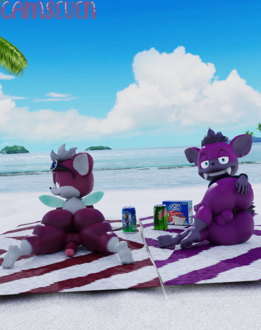 3d_(artwork) absurd_res anthro anus ass balls beach beach_towel beverage_can camseven chip_(sonic) dark_gaia digital_media_(artwork) duo ear_piercing eyewear eyewear_on_head fangs food fur genitals girly grey_hair hair hand_on_butt hi_res looking_at_viewer looking_back lying male mammal mountain_dew notched_ear nude on_front on_side outside penis piercing pop-tarts presenting presenting_hindquarters purple_body purple_fur red_body red_fur ring_piercing seaside sega sonic_(series) sonic_the_hedgehog_(series) sonic_unleashed spread_anus spread_butt spreading sprite_(soda) sunglasses sunglasses_on_head teapot_(body_type) towel unknown_species watermark white_hair wings