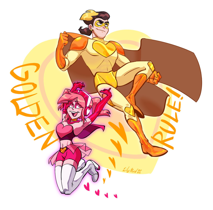 1girls boots breasts brown_hair bulge cape cartoon_network dyed_hair female gold_heart_(villainous) jumping male male/female miss_heed_(villainous) muscular_female muscular_male pink_hair serious skirt smiling superhero superheroine text tight_clothes tight_clothing twintails villainous