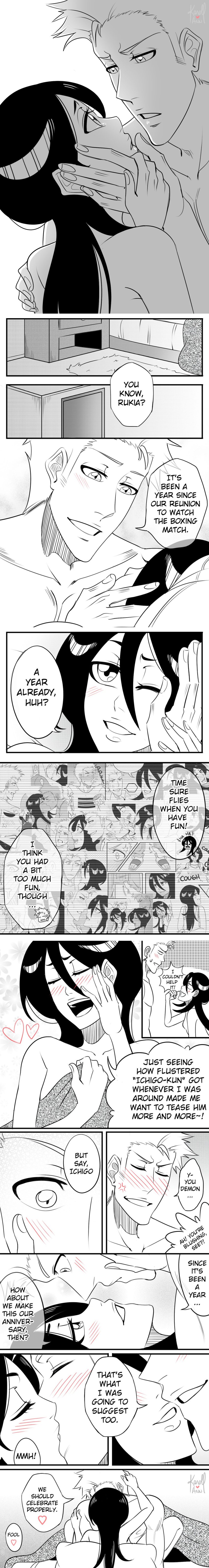 1boy 1boy1girl 1girls black_and_white bleach cheating cheating_husband cheating_wife comic completely_nude dangerousbride dialogue english_text flashback ichigo_kurosaki karoll_ann kissing kuchiki_rukia male/female missionary missionary_position naked nude speech_bubble story tall_image text text_bubble