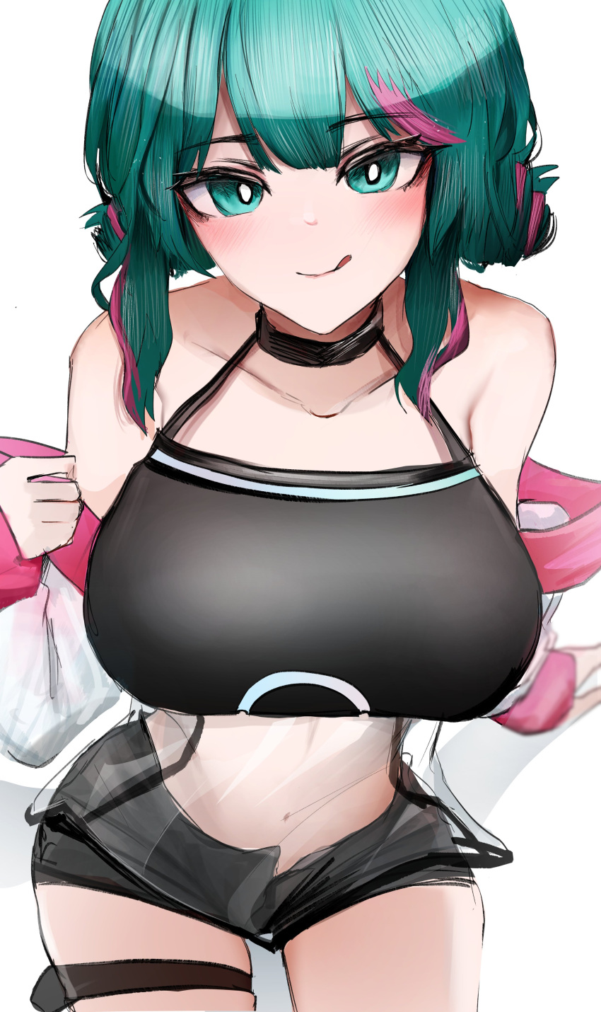 artist_request belly belly_button_visible_through_clothing big_breasts breasts character_request choker collar exposed_balls green_eyes green_hair jacket_partially_removed jacket_removed large_breasts see-through see-through_clothing see-through_jacket shoulders tagme_(artist) tagme_(character) thick thick_thighs thighs tongue tongue_out tummy turquoise_eyes turquoise_hair wawamachi