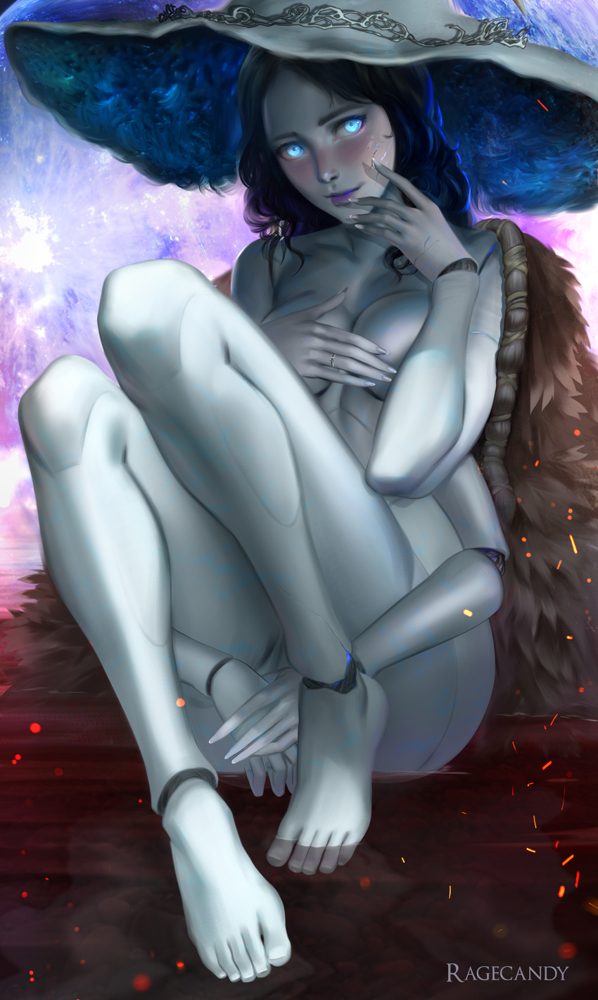 1girls barefoot blue_eyes blue_hair blue_skin blush cloak covered_breasts covered_nipples covered_pussy covering_breasts covering_crotch cracked_skin doll doll_joints elden_ring feet female female_focus female_only fromsoftware fur_cape long_hair looking_at_viewer naked nude nude_female ragecndy ranni_the_witch sitting sitting_down smile smiling smiling_at_viewer solo solo_female solo_focus witch witch_hat