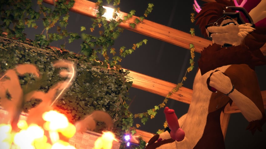 brown_fur brown_hair campfire canine_genitalia canine_genitals canine_penis cheek_tuft chest_tuft collar cosmiic fluffy furry furry_only glasses goggles greenhouse knot male male_focus neck_tuft penis purple_fur red_penis rexouium spiked_bracelet vr_media vrchat vrchat_avatar