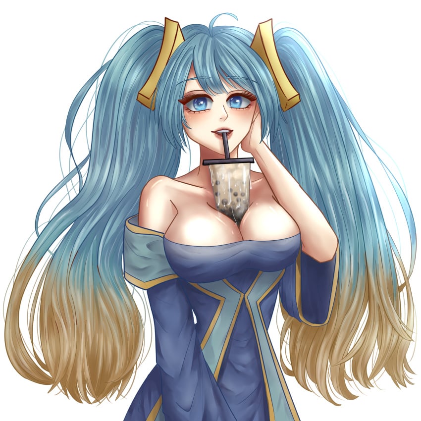 big_breasts blue_eyes blue_hair bubble_tea bubble_tea_challenge drink drinking league_of_legends looking_at_viewer non-nude sfw sona_buvelle thin_waist two_tone_hair zahraadia