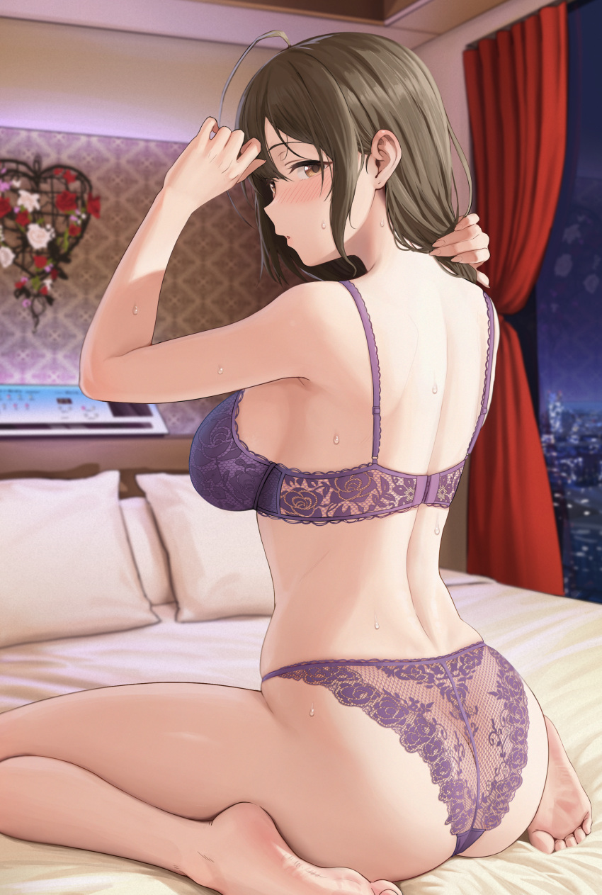 1girls ass back bare_arms bare_legs bare_shoulders barefoot blush bra breasts brown_eyes brown_hair chagama_teishoku curtains feet female female_focus from_behind highres idolmaster idolmaster_shiny_colors indoors kuwayama_chiyuki lace_bra lace_panties large_breasts light-skinned_female light_skin lingerie long_hair looking_at_viewer looking_back night on_bed panties picot_trim picot_trim_bra picot_trim_panties pillow purple_bra purple_panties see-through_panties sidelocks sitting solo sweat underwear wariza