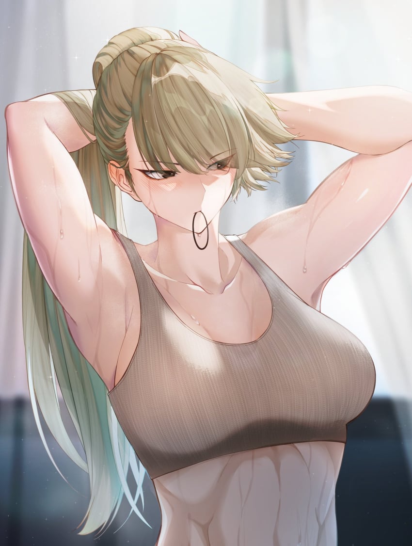 bangs bangs_over_eyes blush hairtie hairtie_in_mouth hands_behind_head kishi_himeko komi-san_wa_komyushou_desu medium_breasts muscular muscular_female paintchuuni ponytail silver_eyes silver_hair